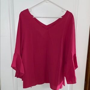 Lyaner Pink V-neck blouse 3/4 ruffle bell sleeve, medium, NWOT